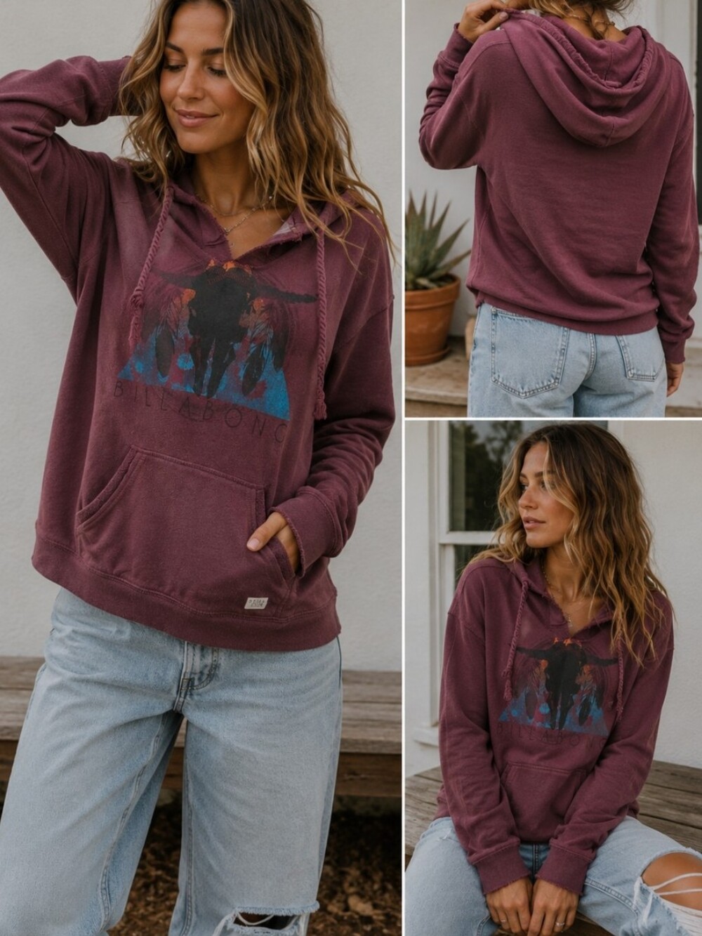 Billabong Burgundy Buffalo Graphic Hoodie Size S Distressed Y2K Surf Skate Boho